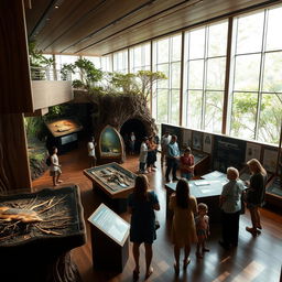 A stunning interior of a mangroves museum, showcasing exhibits about mangrove ecosystems and their importance