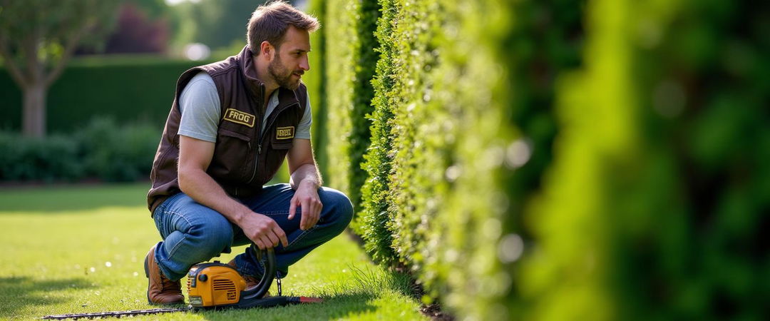 A man wearing a dark brown vest with 'PROG' printed on the chest, denim jeans, and brown boots is admiring a neatly trimmed hedge