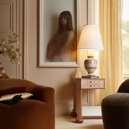 A young girl sitting comfortably in a well-designed room, surrounded by tastefully selected furniture, decor both modern and classic, under soft warm light.