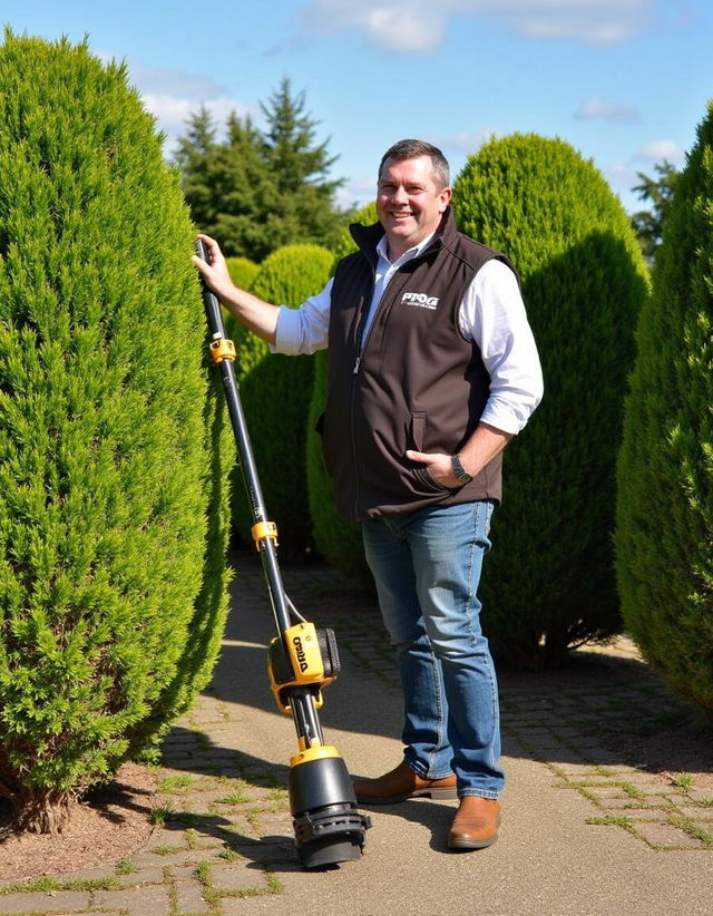 A man standing proudly, wearing a dark brown vest with the word 'PROG' printed on the chest, denim jeans, and brown boots, admiring a well-trimmed hedge