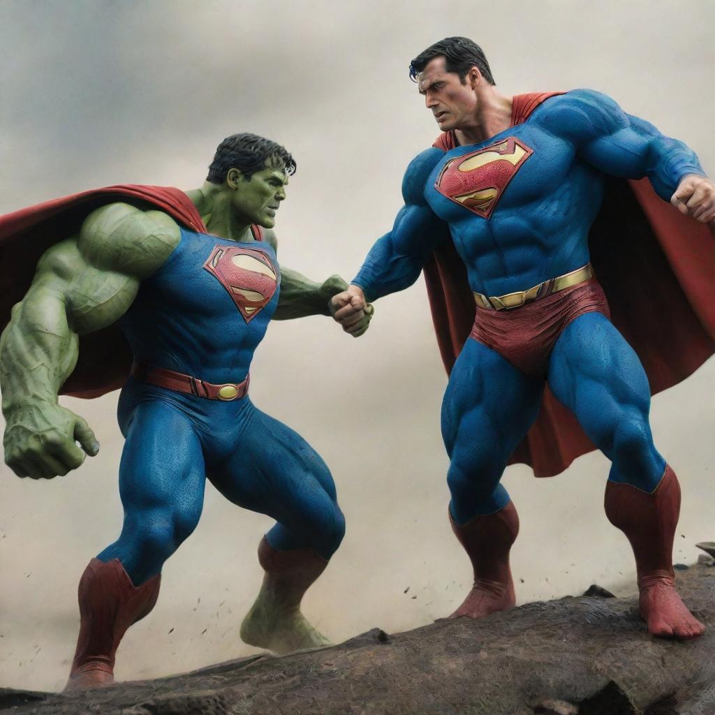 Superman and Hulk in an epic showdown. Superman, in his iconic blue and red costume, takes a powerful stance against Hulk, his green muscles rippling. The environment around them is a haven for superhero battles, with intense action.