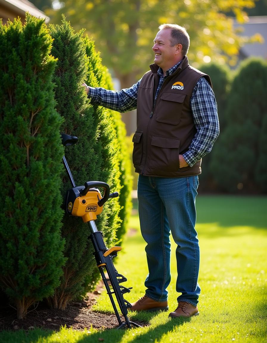 A man standing tall, wearing a dark brown vest with 'PROG' printed on the chest, denim jeans, and brown boots, admiring a well-trimmed hedge