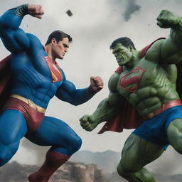 Superman and Hulk in an epic showdown. Superman, in his iconic blue and red costume, takes a powerful stance against Hulk, his green muscles rippling. The environment around them is a haven for superhero battles, with intense action.