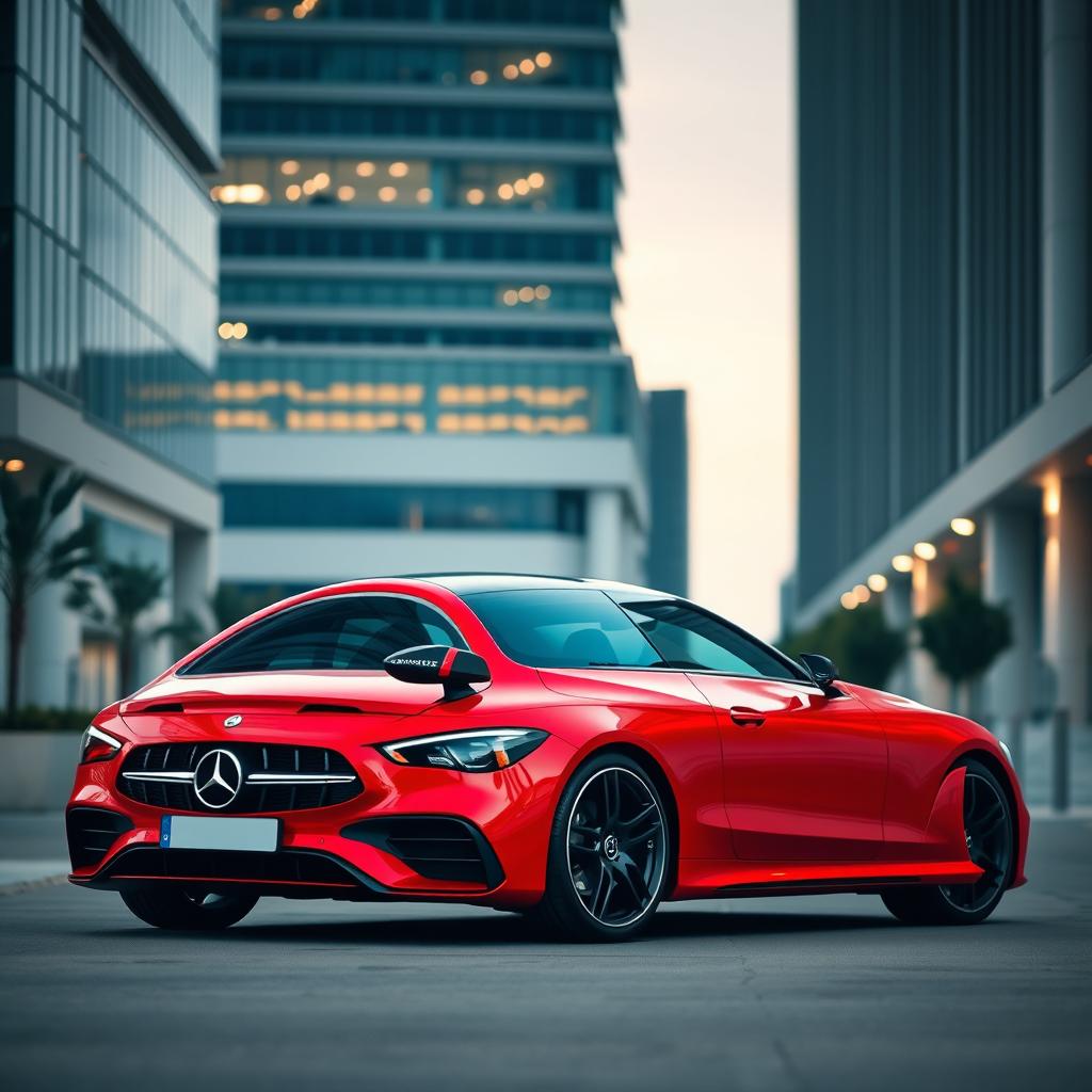 A striking Mercedes-Benz CLE car in a vibrant red color with contrasting black wheels, showcasing its luxurious and sporty design