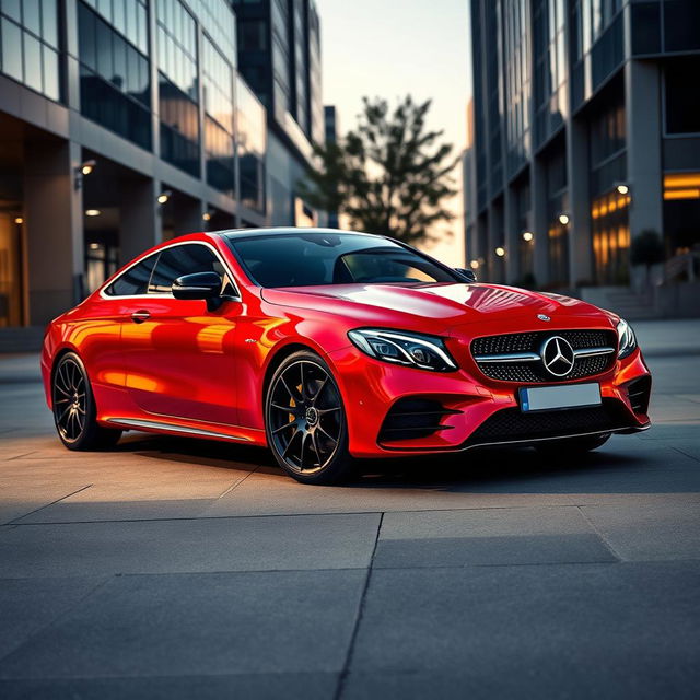 A striking Mercedes-Benz CLE car in a vibrant red color with contrasting black wheels, showcasing its luxurious and sporty design