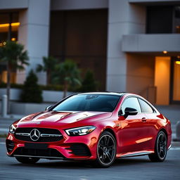 A striking Mercedes-Benz CLE car in a vibrant red color with contrasting black wheels, showcasing its luxurious and sporty design