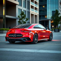 A striking Mercedes-Benz CLE car in a vibrant red color with contrasting black wheels, showcasing its luxurious and sporty design