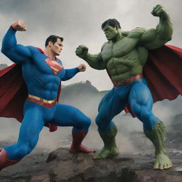 Superman and Hulk in an epic showdown. Superman, in his iconic blue and red costume, takes a powerful stance against Hulk, his green muscles rippling. The environment around them is a haven for superhero battles, with intense action.