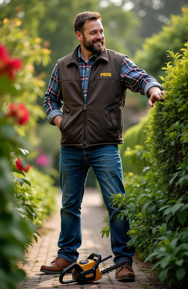 A man standing proudly, wearing a dark brown vest with 'PROG' printed on the chest, denim jeans, and brown boots, admiring a well-trimmed hedge