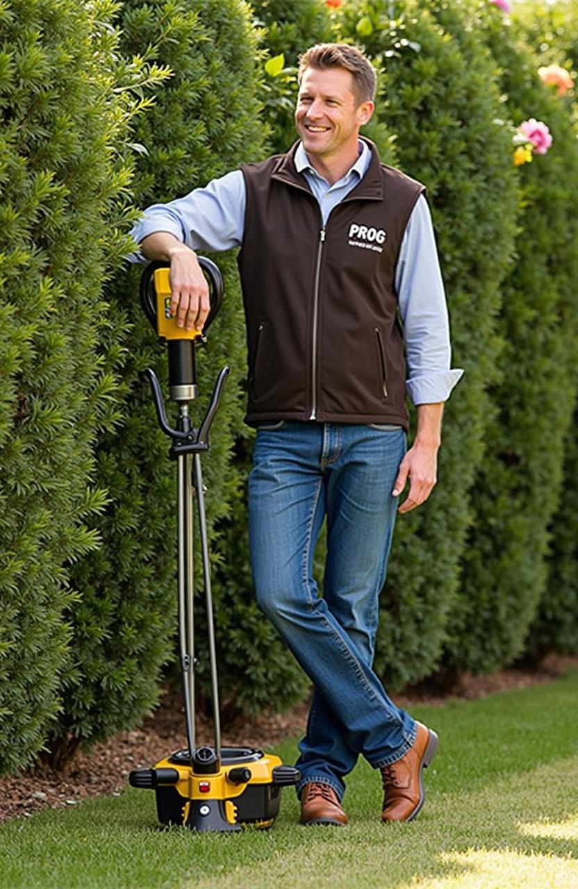 A man standing upright, wearing a dark brown vest with the word 'PROG' printed on the chest, denim jeans, and brown boots, admiring a neatly trimmed hedge