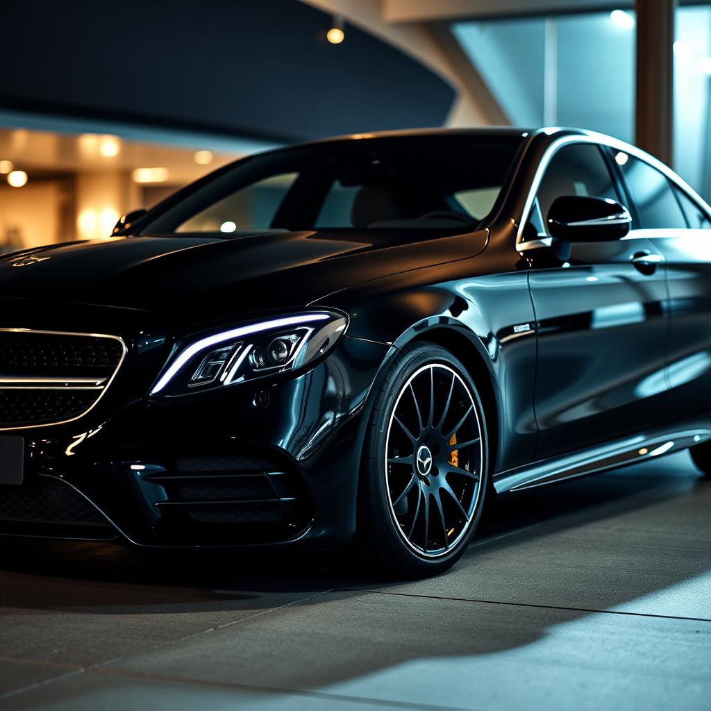 A sleek and sophisticated Mercedes-Benz CLE car in a jet black color, featuring matching black wheels that enhance its sporty and luxurious appearance