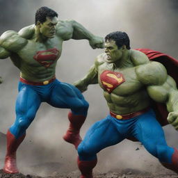 Superman and Hulk in an epic showdown. Superman, in his iconic blue and red costume, takes a powerful stance against Hulk, his green muscles rippling. The environment around them is a haven for superhero battles, with intense action.