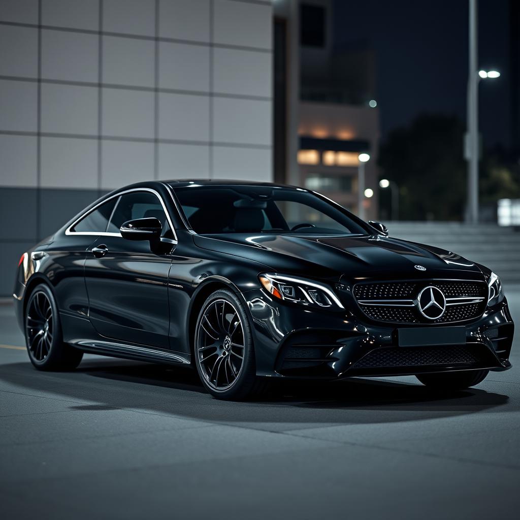 A sleek and sophisticated Mercedes-Benz CLE car in a jet black color, featuring matching black wheels that enhance its sporty and luxurious appearance