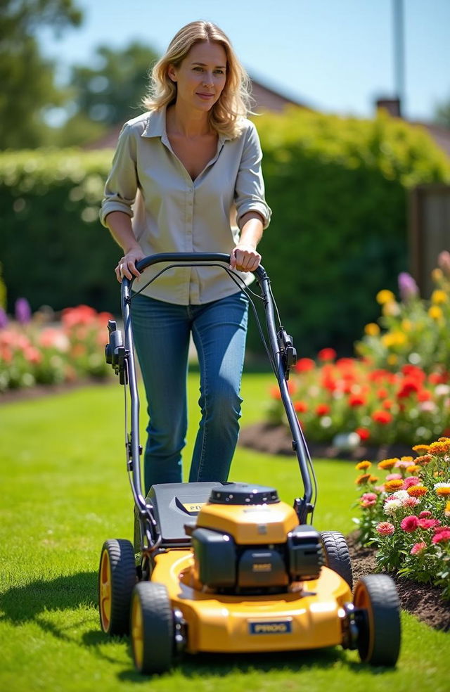 A woman mowing the lawn with a golden and black lawn mower labeled 'PROG'