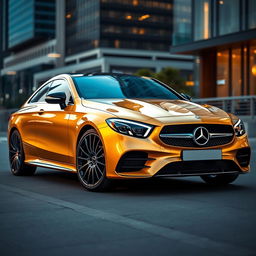 A luxurious Mercedes-Benz CLE car in a stunning gold color, complemented by sleek black wheels that enhance its stylish and sophisticated appearance