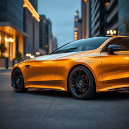 A luxurious Mercedes-Benz CLE car in a stunning gold color, complemented by sleek black wheels that enhance its stylish and sophisticated appearance