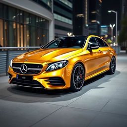 A luxurious Mercedes-Benz CLE car in a stunning gold color, complemented by sleek black wheels that enhance its stylish and sophisticated appearance