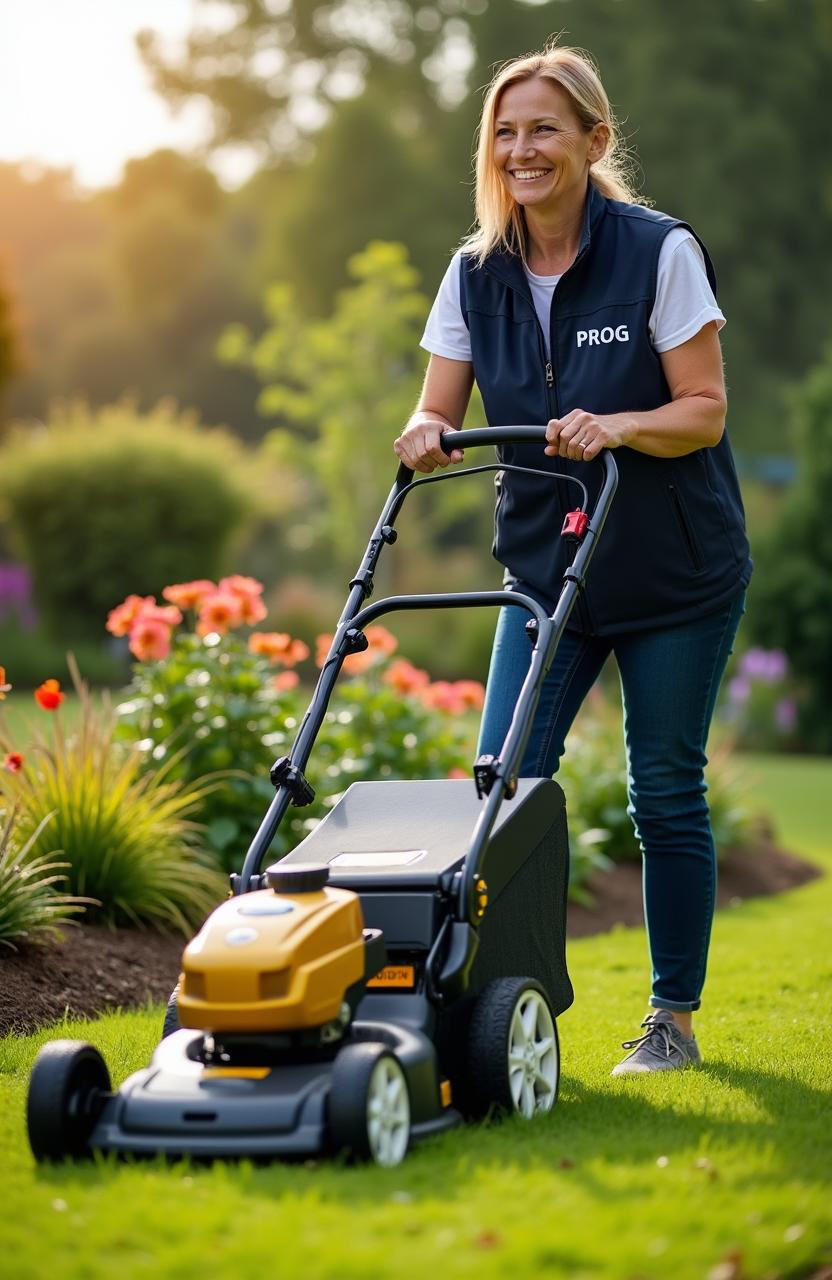 A smiling woman wearing a dark blue vest with 'PROG' printed on it, mowing the lawn with a golden and black lawnmower also labeled 'PROG'