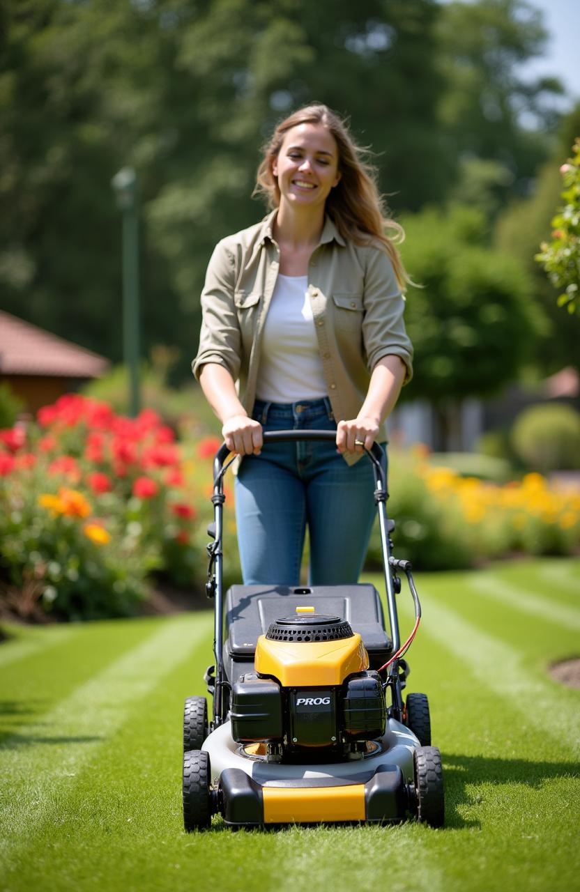 A smiling woman mowing the lawn with a golden and black lawnmower labeled 'PROG'