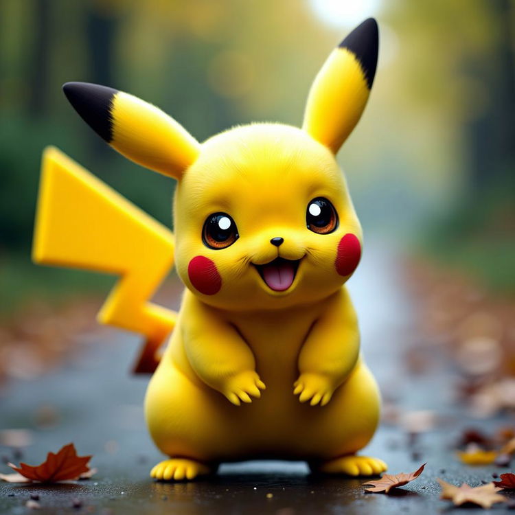 A hyper-realistic RAW photo of Pikachu, captured with high detail and clarity, showcasing its vibrant yellow coloration and iconic features like pointy ears and a lightning bolt-shaped tail