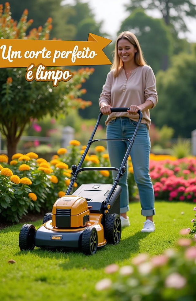 A smiling woman mowing the lawn with a golden and black lawn mower labeled 'PROG', set against a vibrant garden backdrop full of colorful flowers and lush greenery