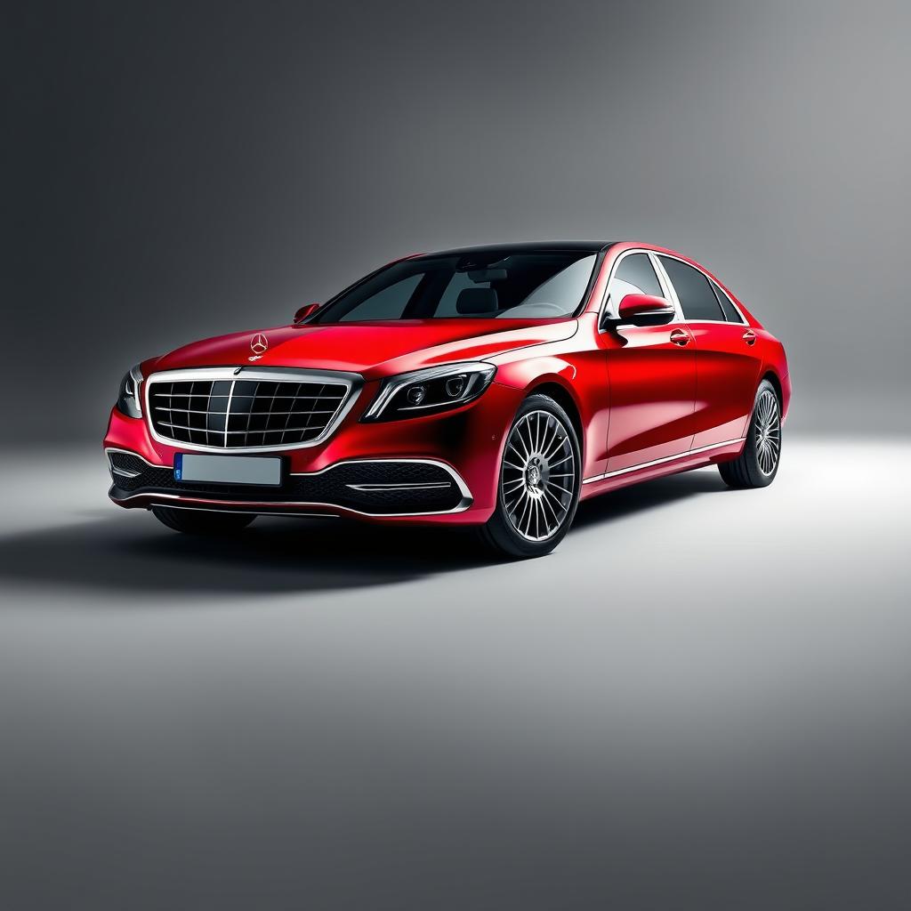 An opulent Mercedes-Maybach Classe S in a luxurious red color, prominently displayed against a sophisticated grey background that accentuates its elegant curves and distinctive design features