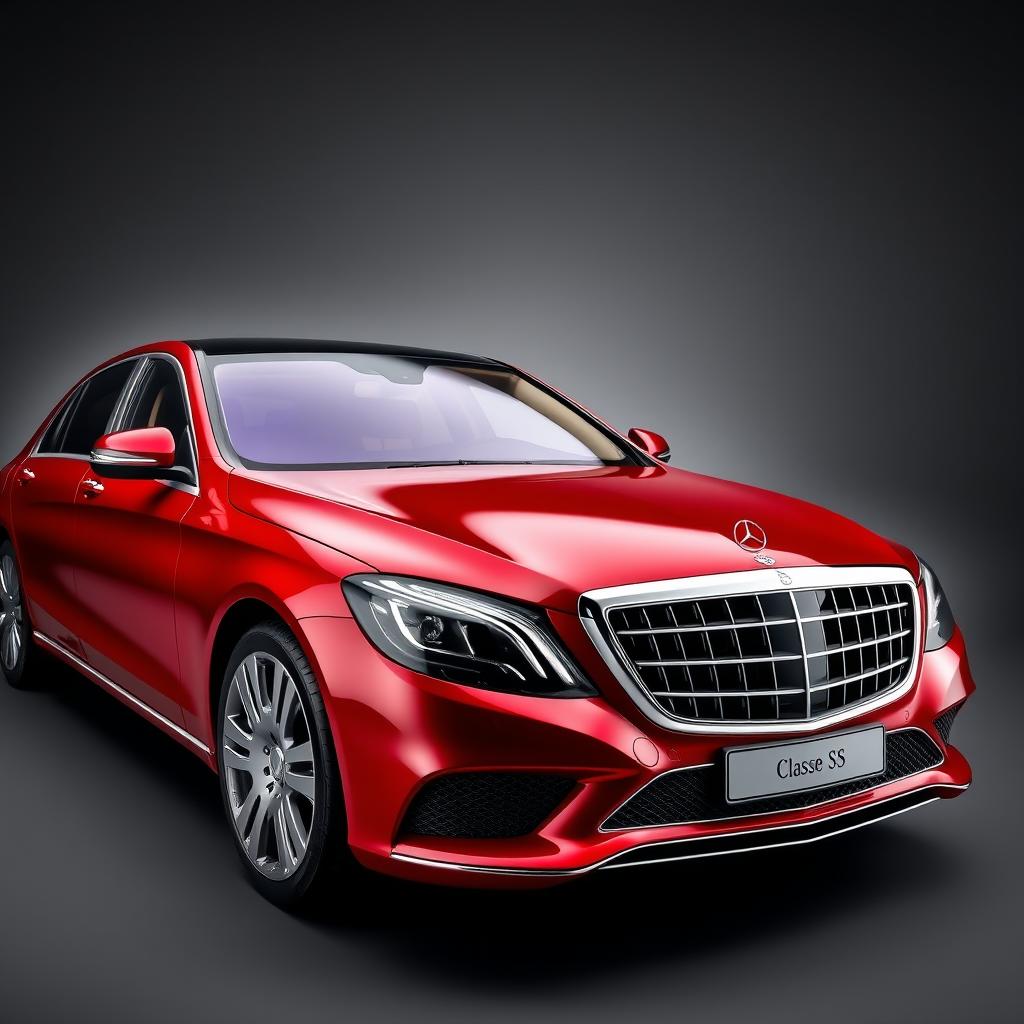 An opulent Mercedes-Maybach Classe S in a luxurious red color, prominently displayed against a sophisticated grey background that accentuates its elegant curves and distinctive design features