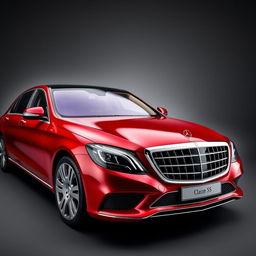 An opulent Mercedes-Maybach Classe S in a luxurious red color, prominently displayed against a sophisticated grey background that accentuates its elegant curves and distinctive design features