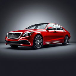 An opulent Mercedes-Maybach Classe S in a luxurious red color, prominently displayed against a sophisticated grey background that accentuates its elegant curves and distinctive design features