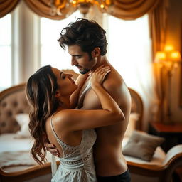 A sensual and intimate scene between a couple in a romantic setting, softly lit with warm lighting