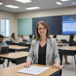 Full-body image of a modern, 21st century, female teacher in her 20s. She is in a technologically advanced classroom setting, holding a tablet. Include details like computers and projectors around her.