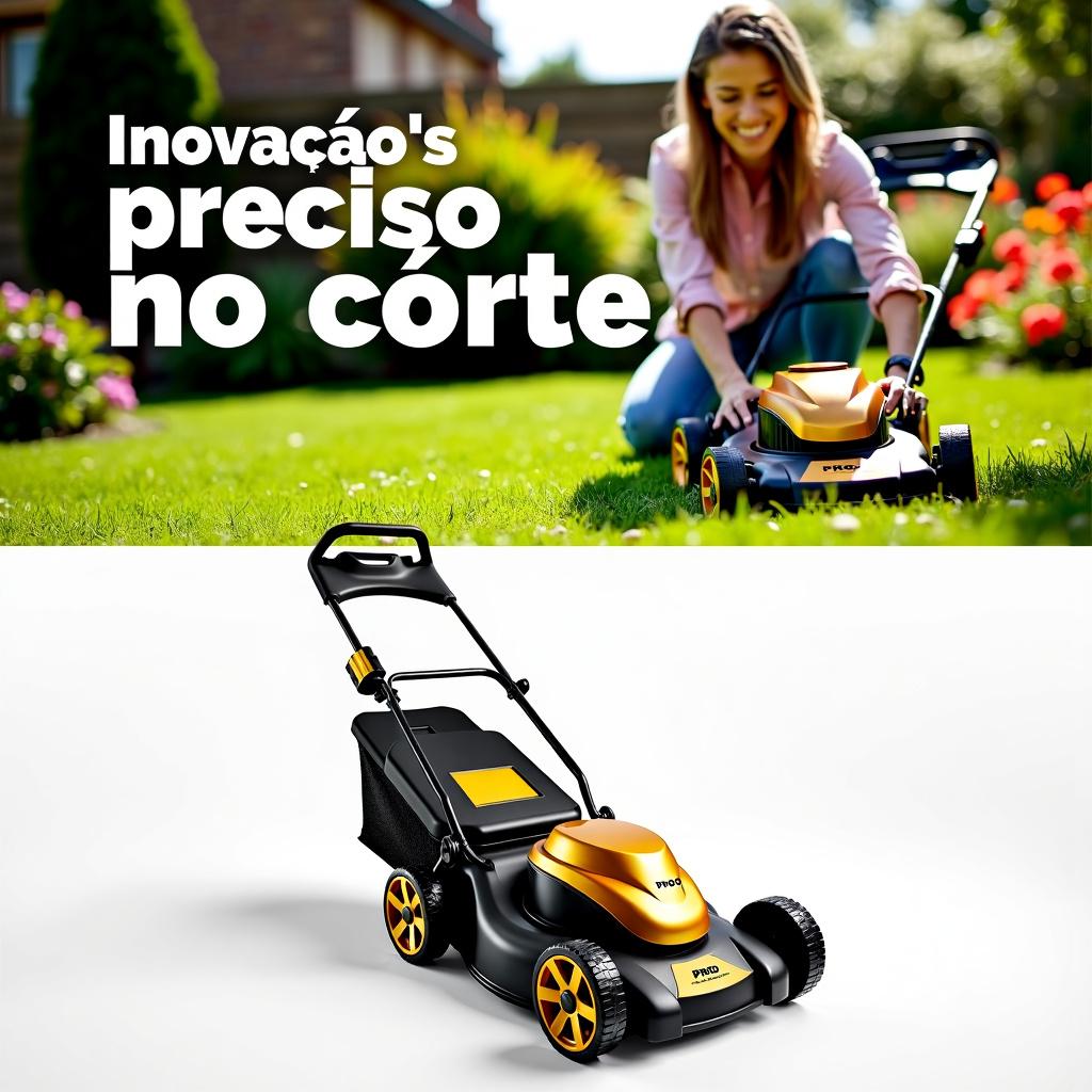 A smiling woman mowing the lawn with a golden and black lawn mower labeled 'PROG', set against a lush garden background filled with colorful flowers and green foliage