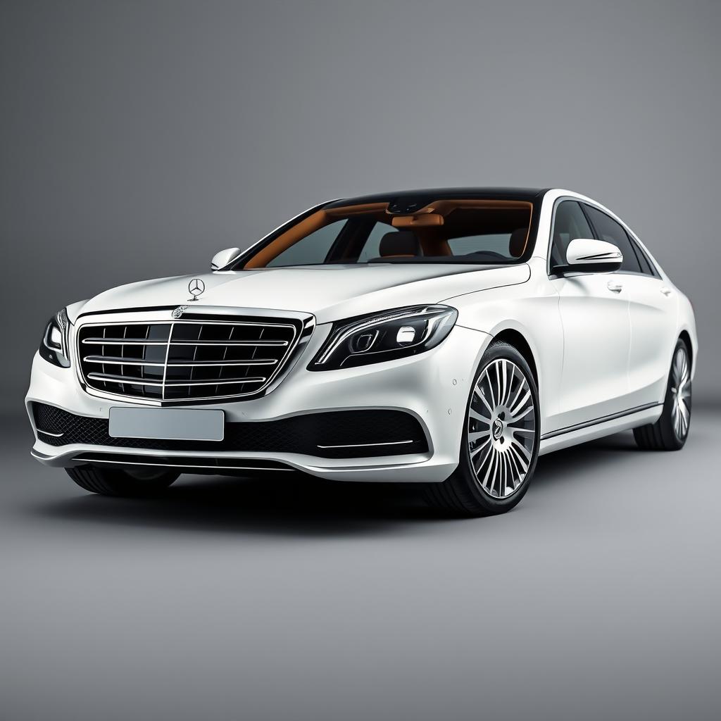 An exquisite Mercedes-Maybach Classe S in a pristine white color, elegantly showcased against a subtle grey background that enhances the car's luxurious features