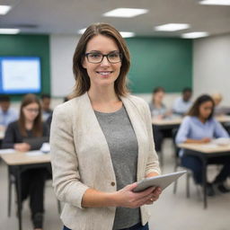 Full-body image of a modern, 21st century, female teacher in her 20s. She is in a technologically advanced classroom setting, holding a tablet. Include details like computers and projectors around her.