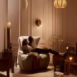 A young girl sitting comfortably in a well-designed room, surrounded by tastefully selected furniture, decor both modern and classic, under soft warm light.