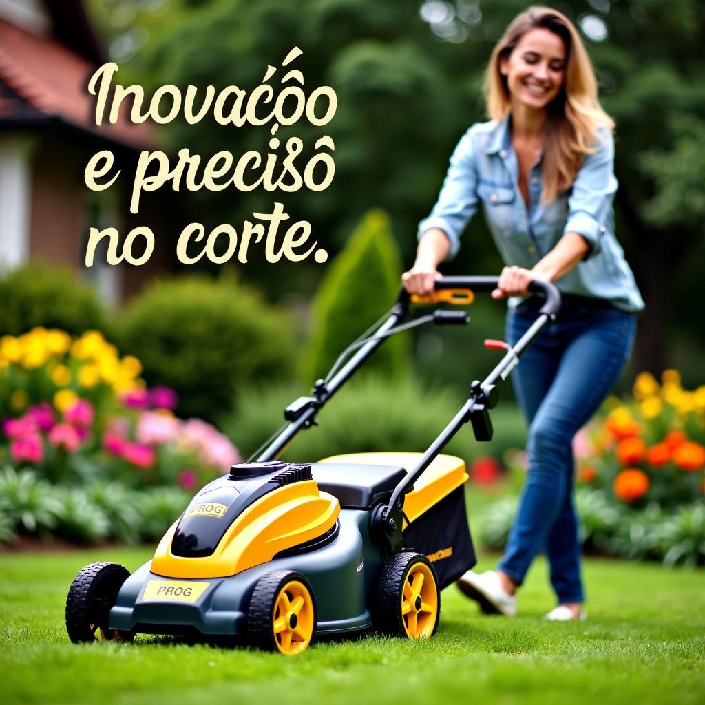 A smiling woman mowing the lawn with a golden and black lawnmower labeled 'PROG', set against a vibrant garden background filled with colorful flowers and green foliage