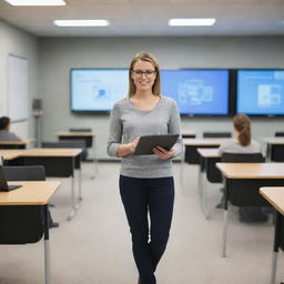 Full-body image of a modern, 21st century, female teacher in her 20s. She is in a technologically advanced classroom setting, holding a tablet. Include details like computers and projectors around her.