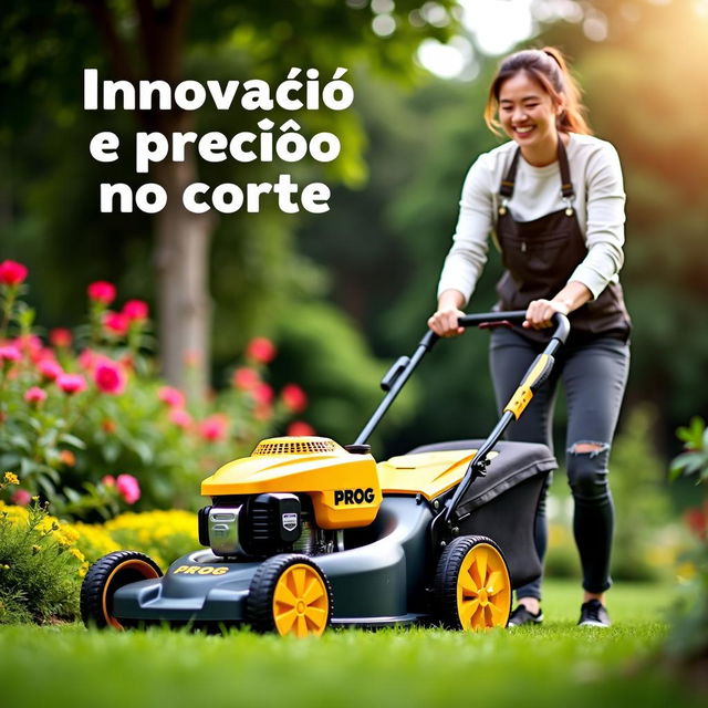 A smiling woman mowing the lawn with a golden and black lawnmower labeled 'PROG'