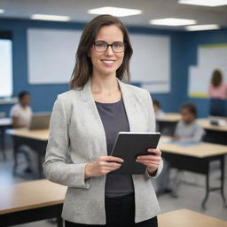 Full-body image of a modern, 21st century, female teacher in her 20s. She is in a technologically advanced classroom setting, holding a tablet. Include details like computers and projectors around her.