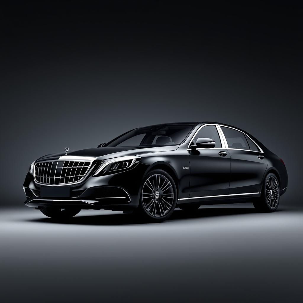 An imposing Mercedes-Maybach Classe S in a luxurious black finish, complemented by sleek black wheels, showcased against a refined grey background that enhances the car's sophisticated allure