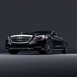 An imposing Mercedes-Maybach Classe S in a luxurious black finish, complemented by sleek black wheels, showcased against a refined grey background that enhances the car's sophisticated allure