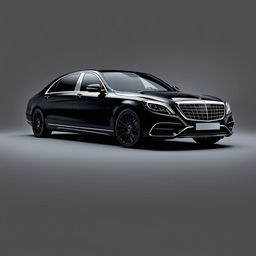 An imposing Mercedes-Maybach Classe S in a luxurious black finish, complemented by sleek black wheels, showcased against a refined grey background that enhances the car's sophisticated allure