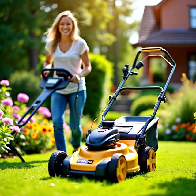 A smiling woman mowing the lawn with a golden and black lawn mower labeled 'PROG', set against a lush garden background filled with colorful flowers and vibrant greenery