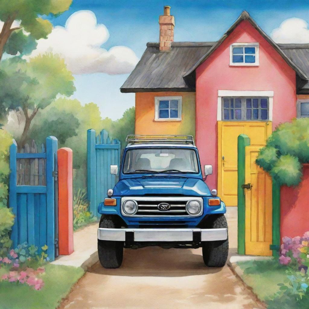 A playful cartoon image of a shiny Toyota Land Cruiser eagerly waiting outside a whimsical, colourful home gate, ready to go on an adventure.