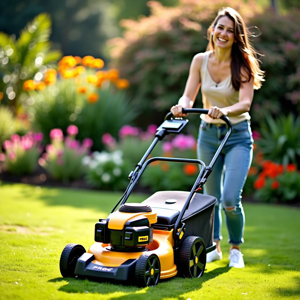 A smiling woman mowing the lawn with a golden and black lawn mower labeled 'PROG'