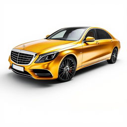 A striking Mercedes-Maybach Classe S in a shimmering gold finish, paired with sleek black wheels, presented against a pristine white background that highlights the car's luxurious and extravagant design