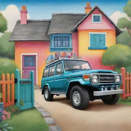 A playful cartoon image of a shiny Toyota Land Cruiser eagerly waiting outside a whimsical, colourful home gate, ready to go on an adventure.