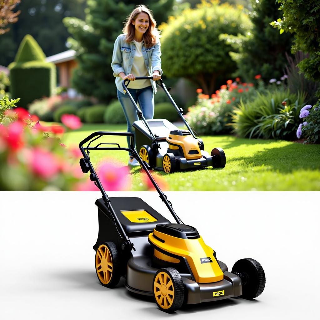 A smiling woman mowing the lawn with a golden and black lawn mower labeled 'PROG' in a lush garden setting filled with vibrant flowers and greenery