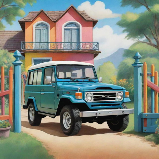 A playful cartoon image of a shiny Toyota Land Cruiser eagerly waiting outside a whimsical, colourful home gate, ready to go on an adventure.