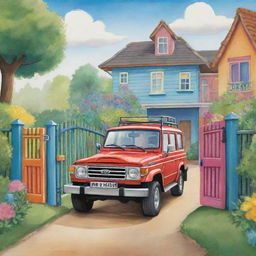 A playful cartoon image of a shiny Toyota Land Cruiser eagerly waiting outside a whimsical, colourful home gate, ready to go on an adventure.